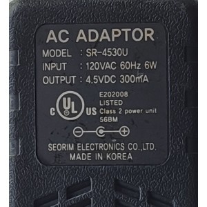 ADAPTADOR AC / NUMERO DE PARTE SR-4530U / INPUT: 120 VAC 60HZ 6W / OUTPUT: 4.5 VDC 300mA	